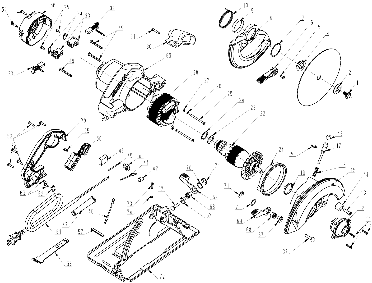 Default Diagram and Parts List for Type 1 Porter Cable Circular Saw